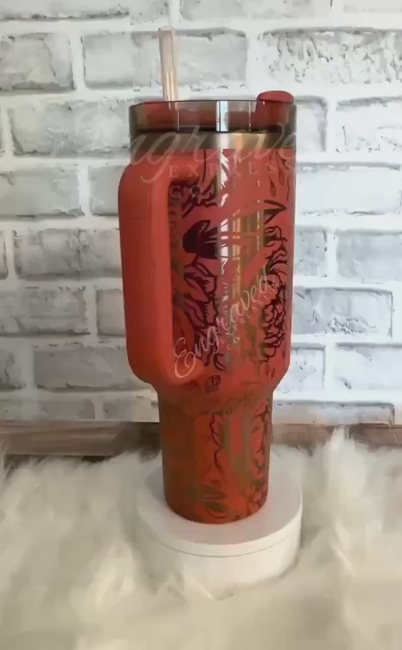 Engraved Stanley Quencher: Pumpkin Spice Peony Flowers Tumbler