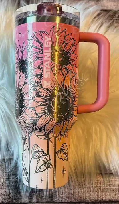 Stanley Quencher Tumbler – Engraved Stainless Steel Pink Mesa Sunset Sunflower Design