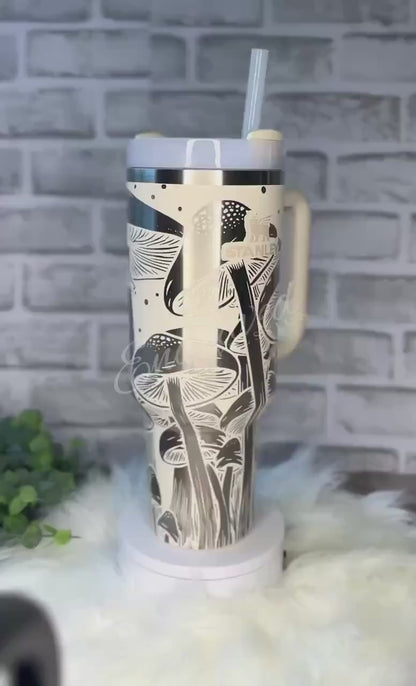 Laser Engraved Tumbler - 40oz Stanley Quencher With Mushroom Design & Custom Name